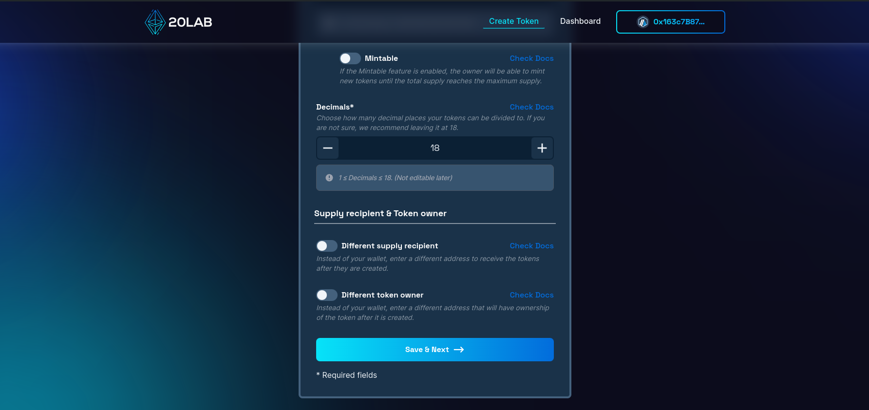 View on different supply recipient and different token owner options