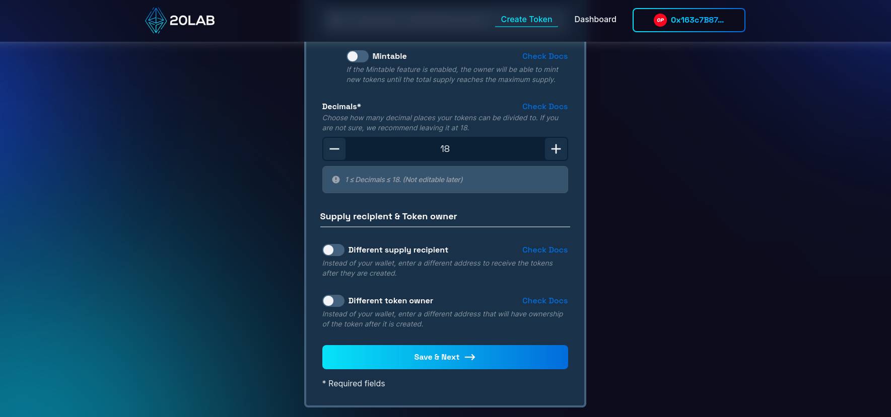 View on different supply recipient and different token owner options