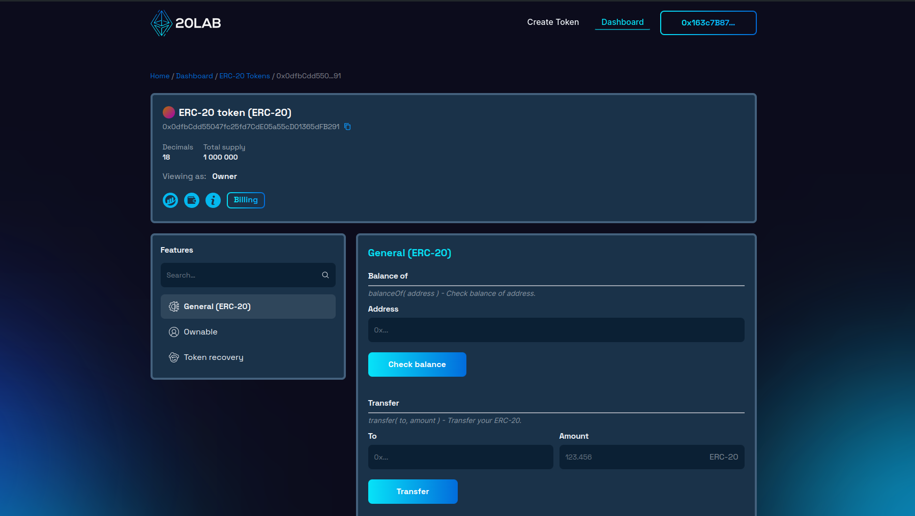 Dashboard view of recently deployed token