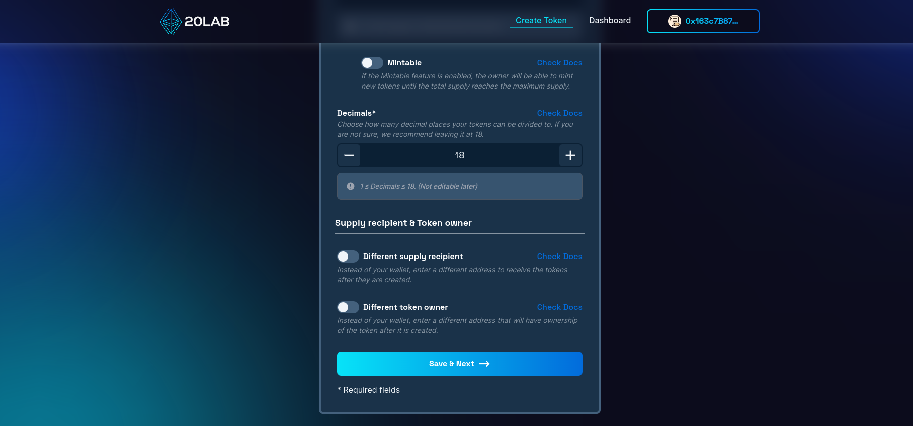 View on different supply recipient and different token owner options