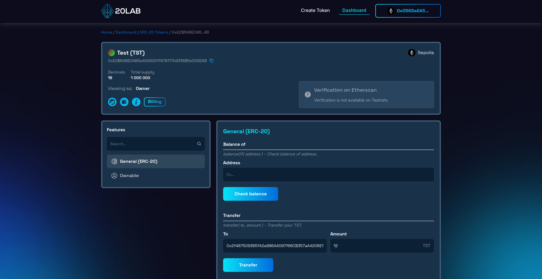 Transferring TST token on SET token contract