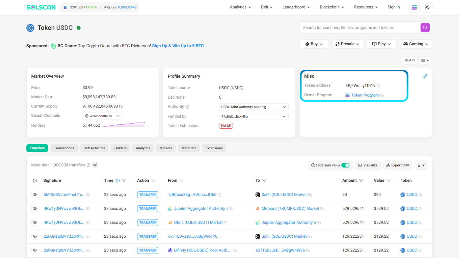 Solscan shows the page for the USDC token with the “Misc” section highlighted, which contains the token address.