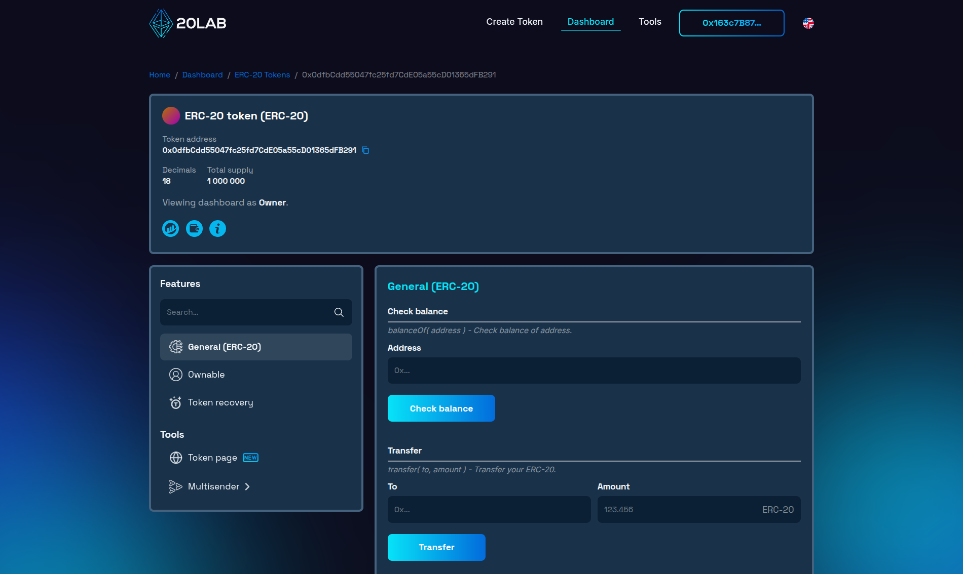 Dashboard view of recently deployed token on Monad