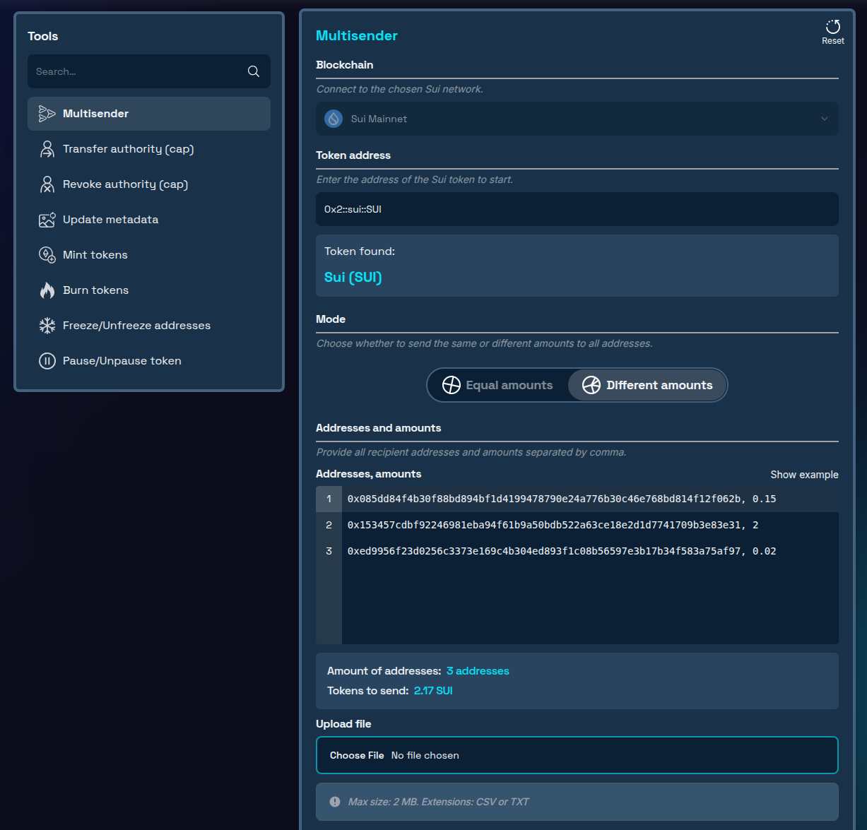 Native SUI coin added for multisender with sample addresses as recipients