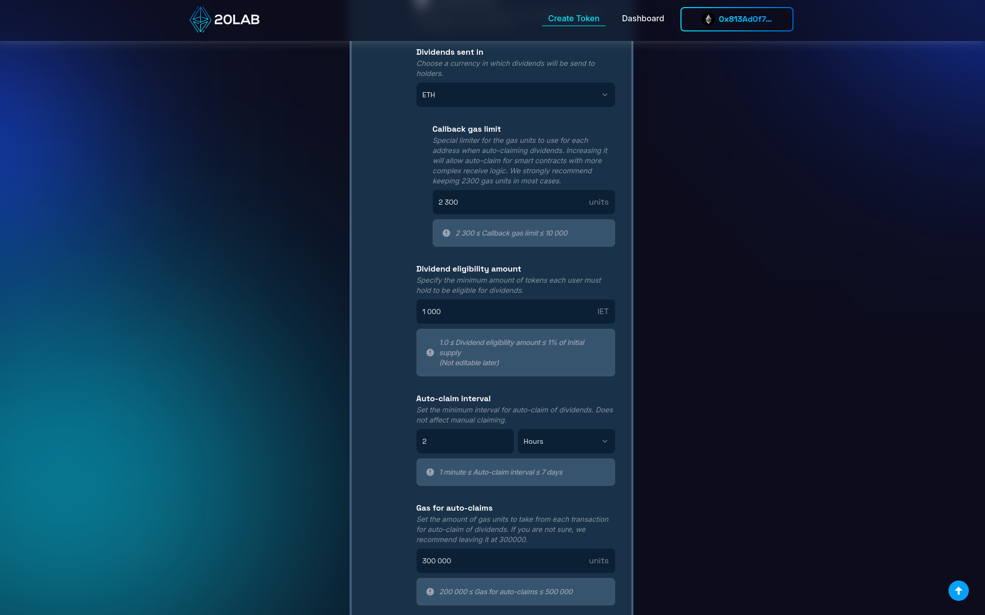 Auto-claim settings of dividend tax for ERC-20 token