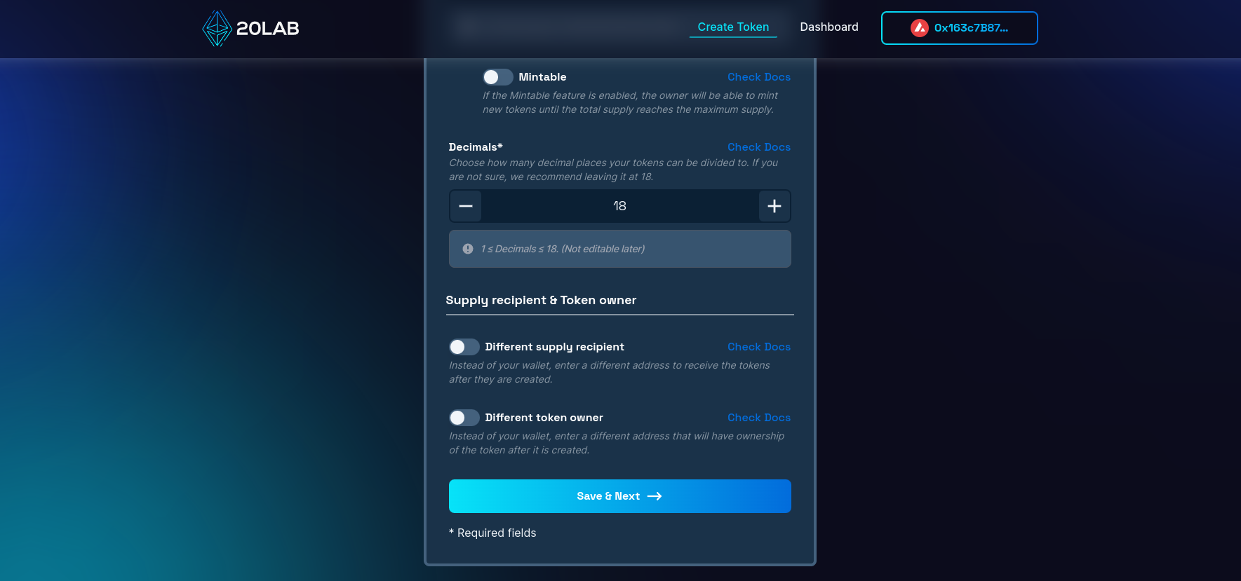 View on different supply recipient and different token owner options
