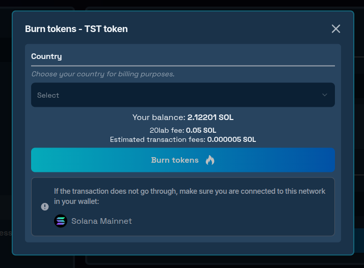 Burn tokens tool confirmation modal