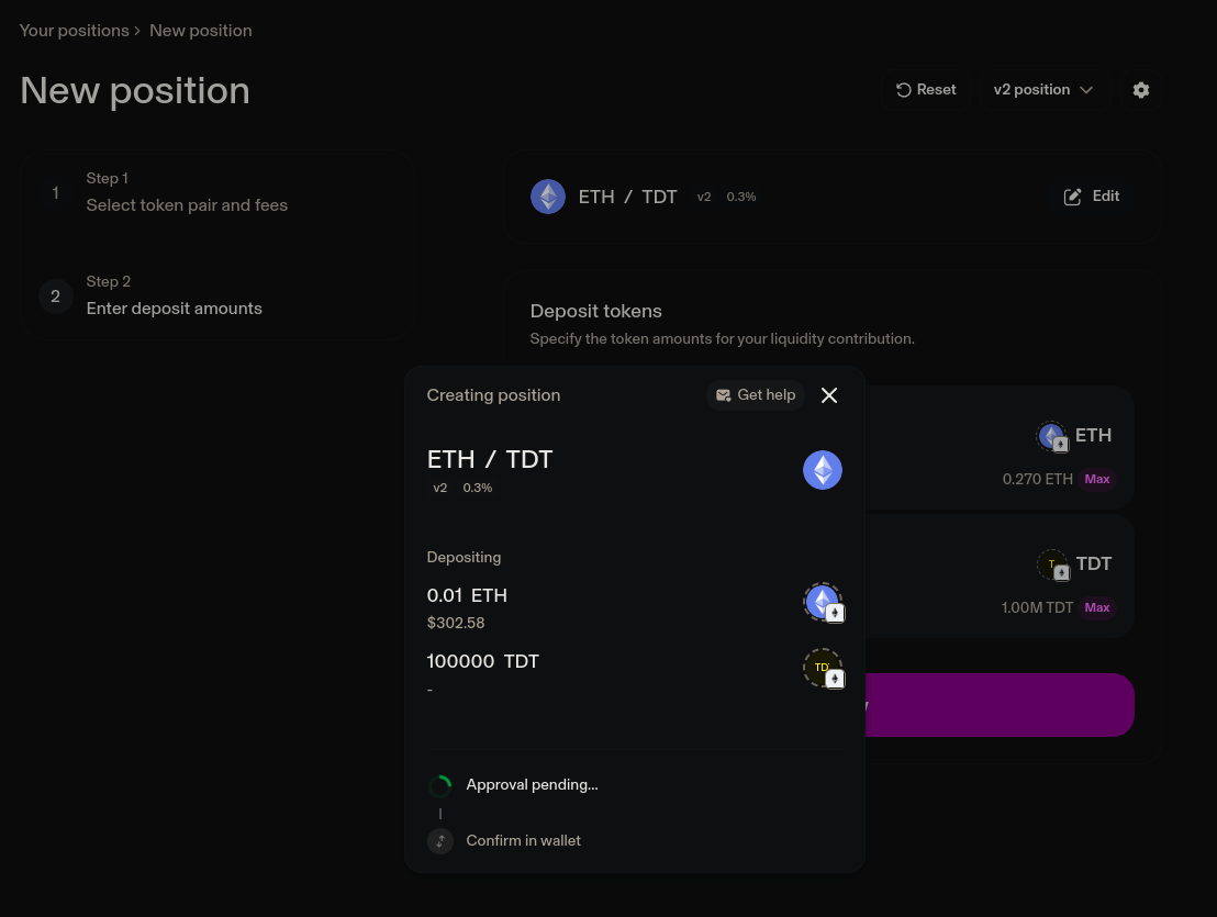 Adding liquidity to main pool on UniswapV2 on Sepolia testnet