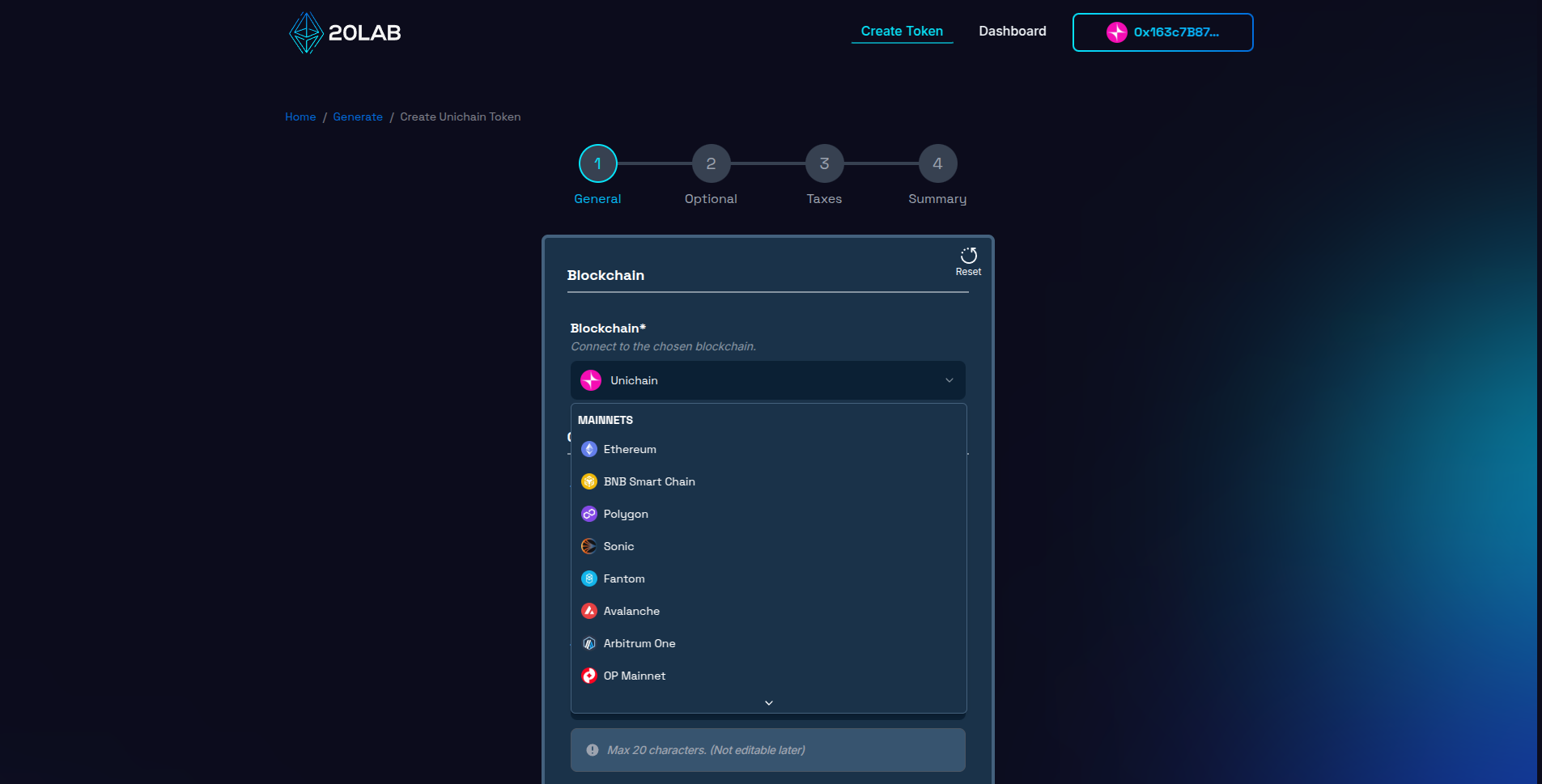 Changing blockchain in generator page to Unichain