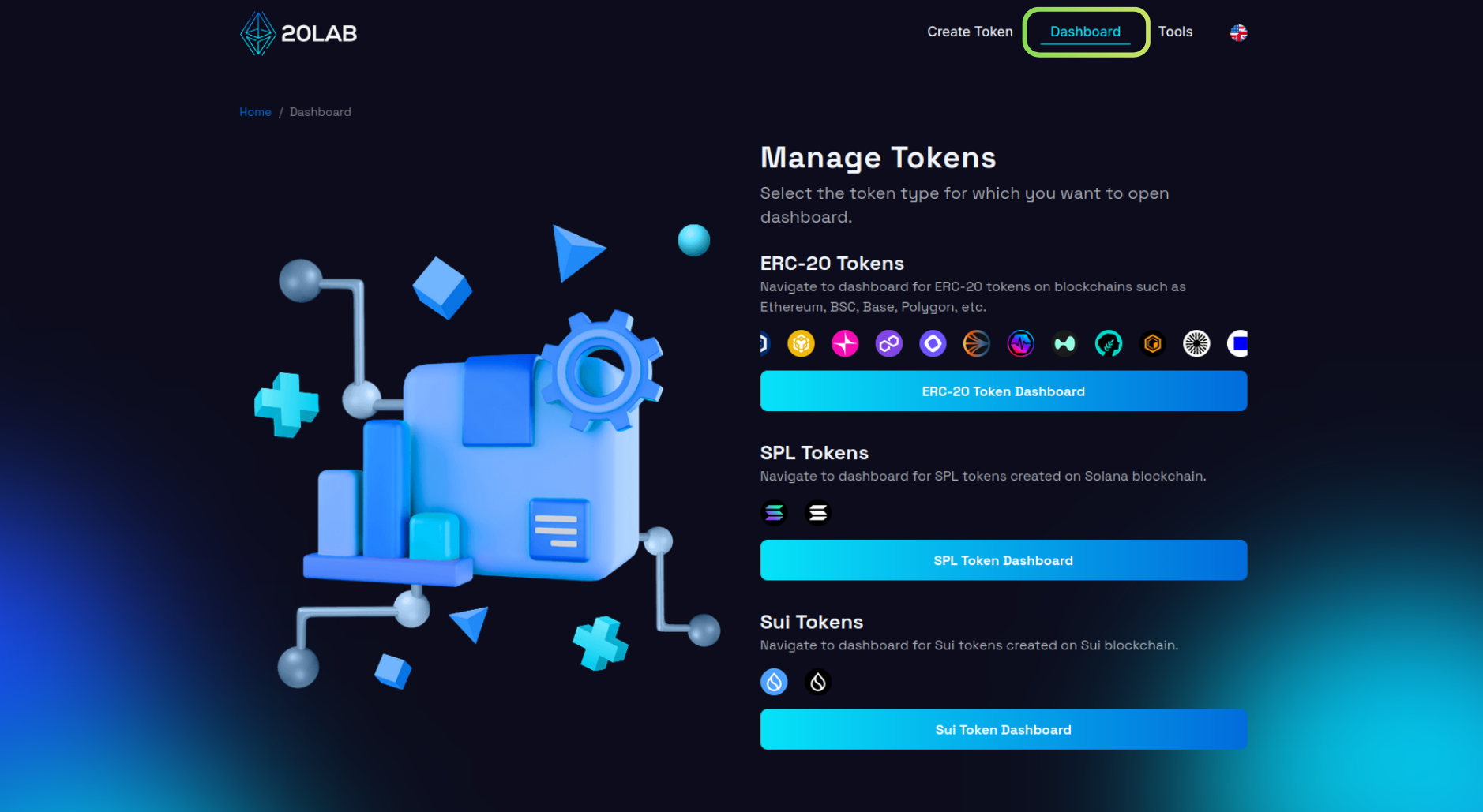 Entering the dashboard on the 20lab platform.