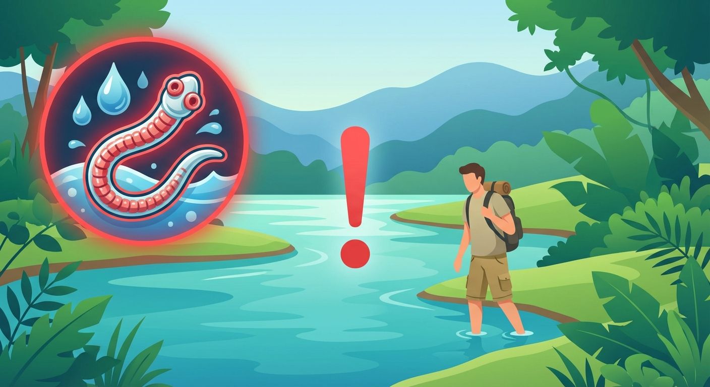 Schistosomiasis freshwater danger illustration with tropical lake and warning symbols
