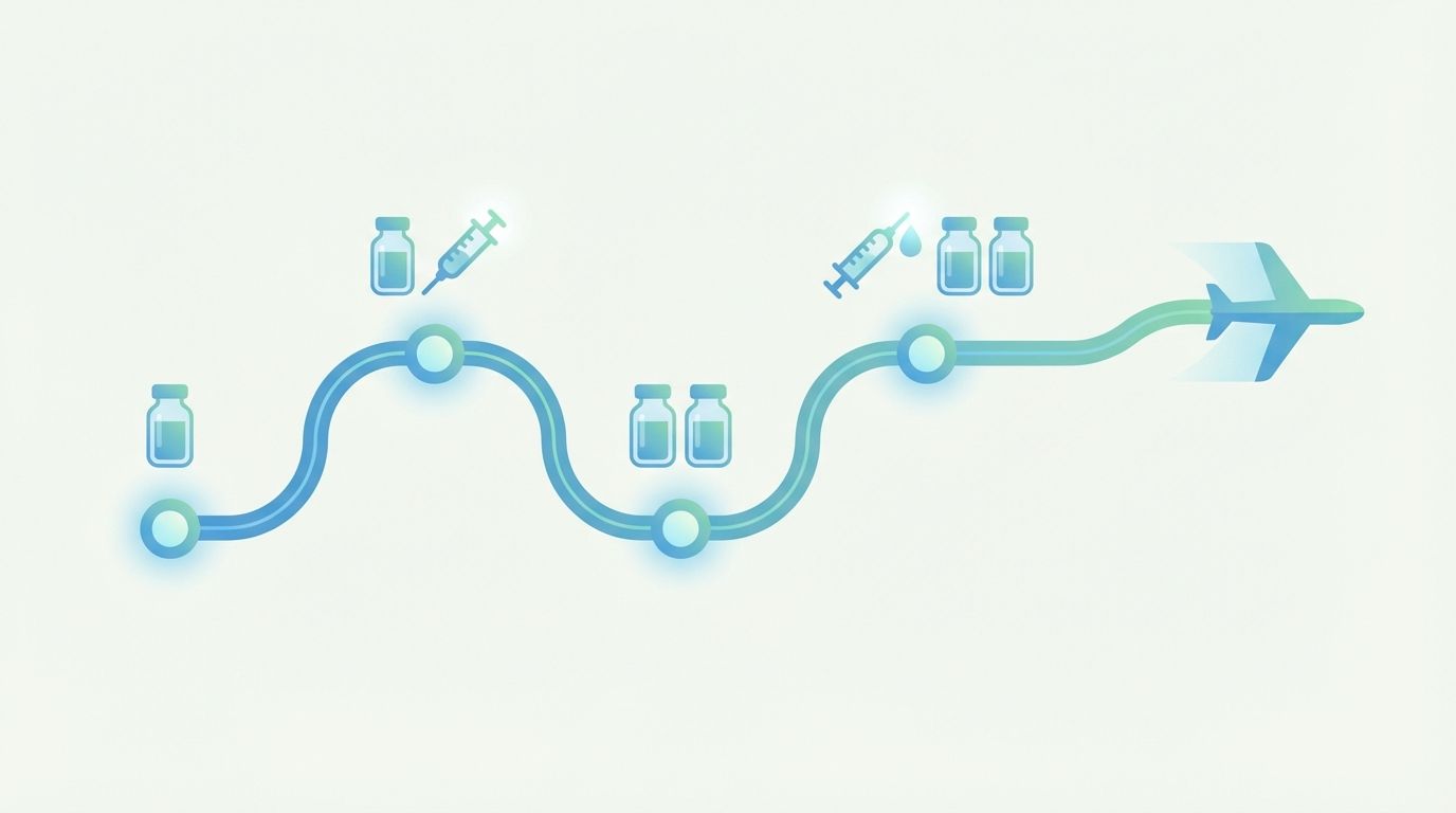 Travel vaccine schedule timeline illustration with milestone markers and airplane