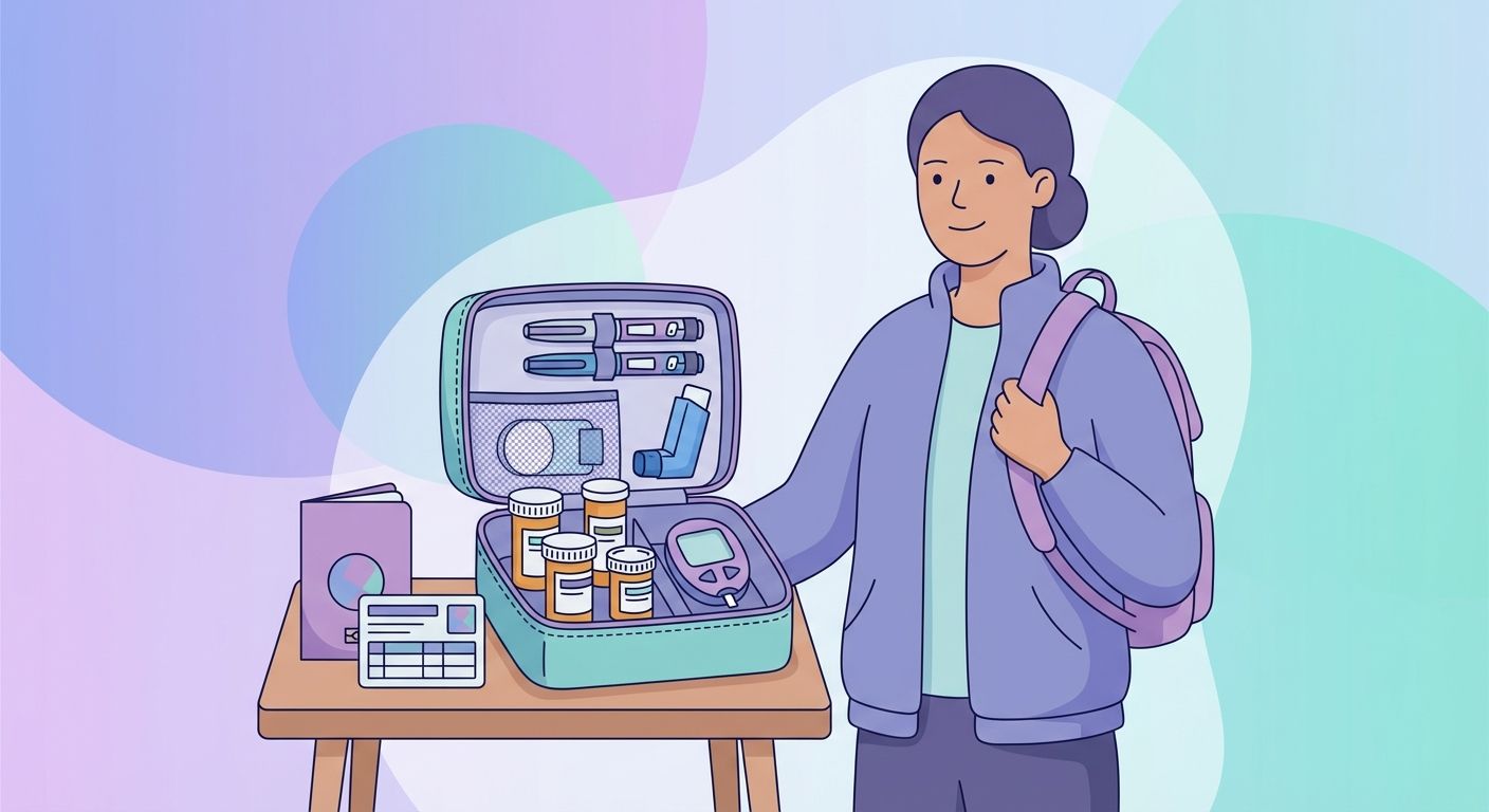 Traveling with chronic conditions illustration showing medical bag with passport and medications