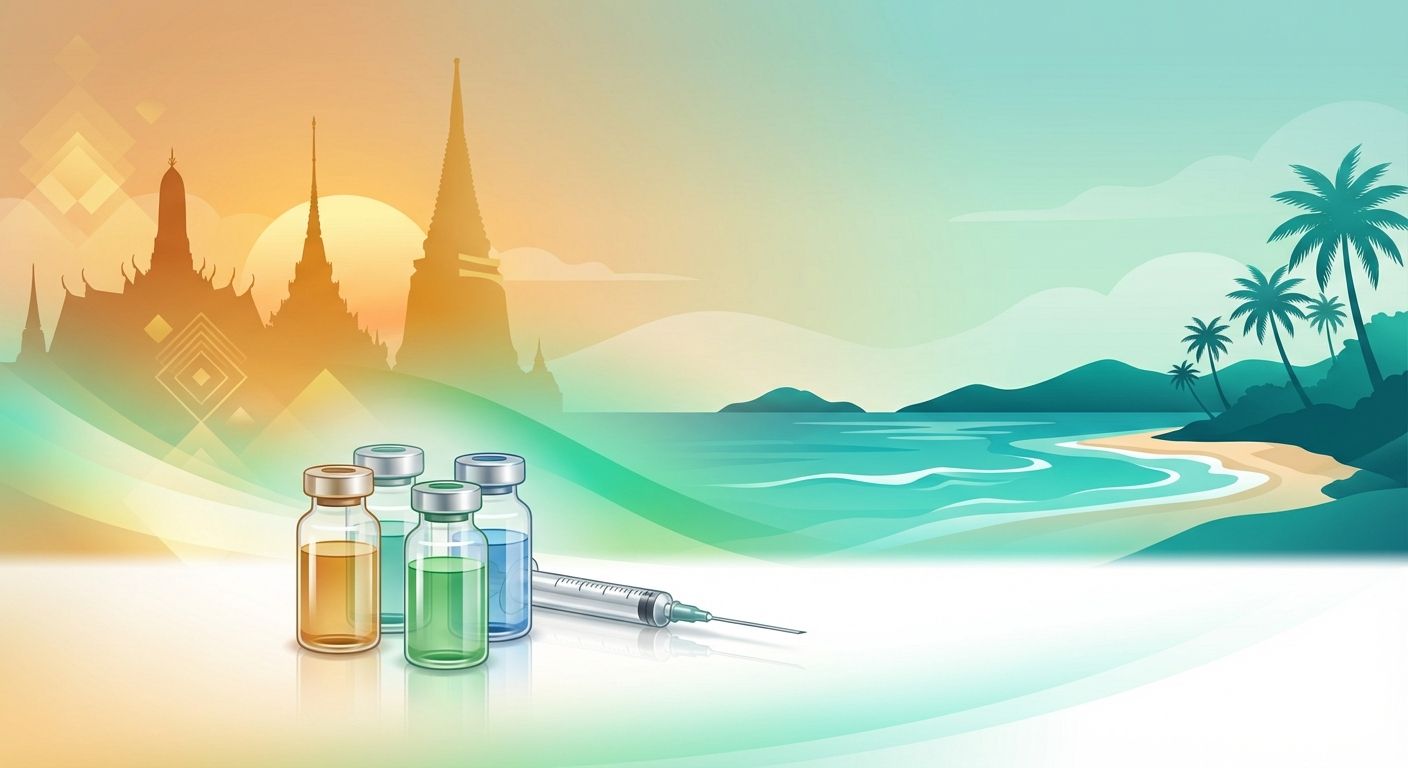 Southeast Asia travel vaccinations illustration with temples and tropical landscape