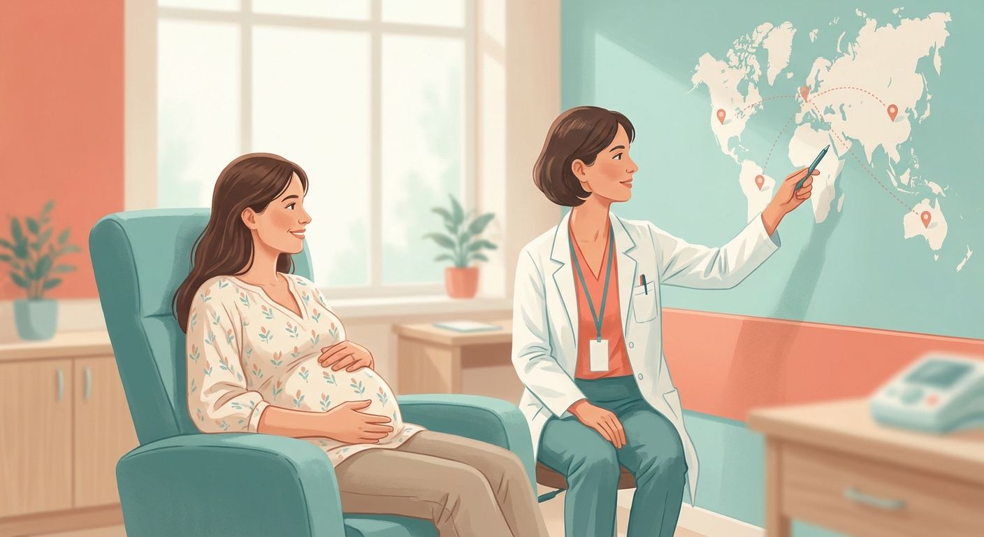 Pregnant woman consulting with a travel medicine doctor about safe vaccines for international travel