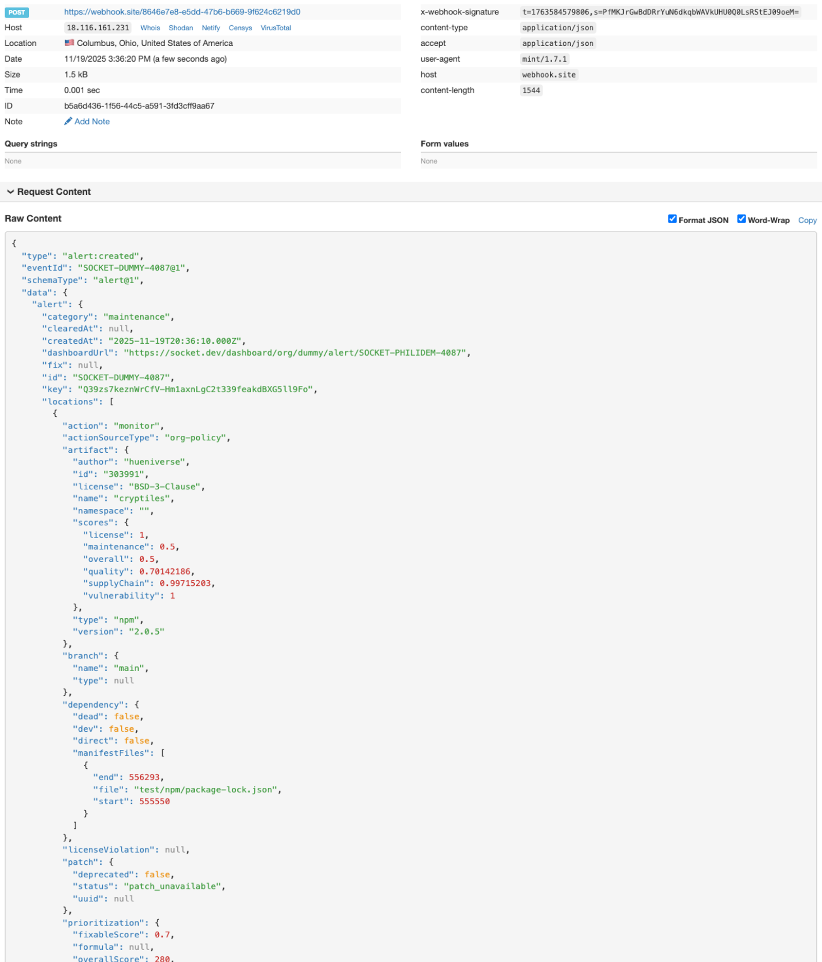 Example of full webhook data received by webhook testing tool