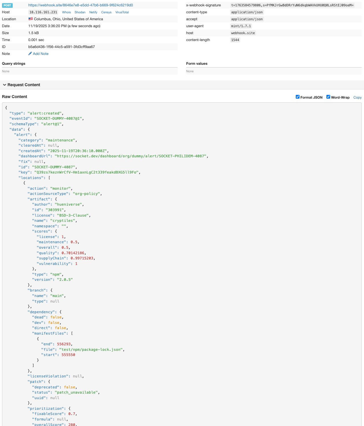 Example of full webhook data received by webhook testing tool