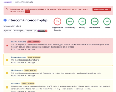 Mini Shai-Hulud Spreads to Packagist: Malicious Intercom PHP Package Follows npm Compromise