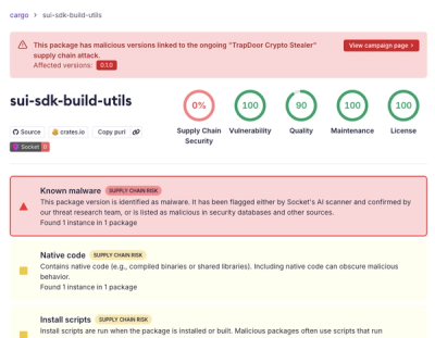 TrapDoor Crypto Stealer Supply Chain Attack Hits 34 Packages and Hundreds of Versions Across npm, PyPI, and Crates.io