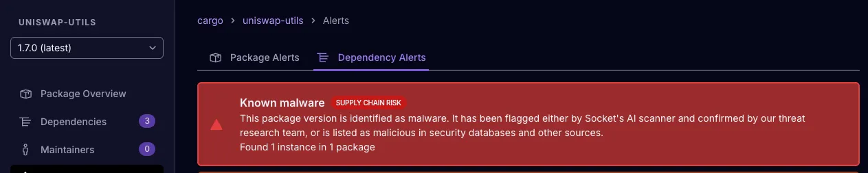 kötü amaçlı yazılım içeren bir bağımlılığa sahip olduğundan Soket üzerinde uniswap-utils bağımlılık uyarısı.