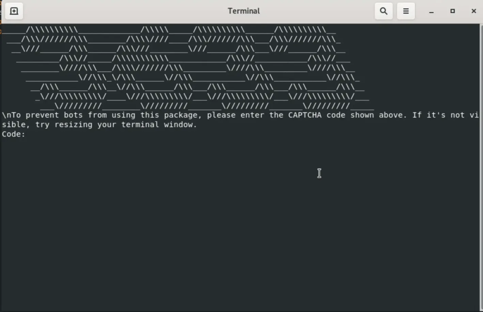 ASCII art CAPTCHA prompt displayed in terminal.