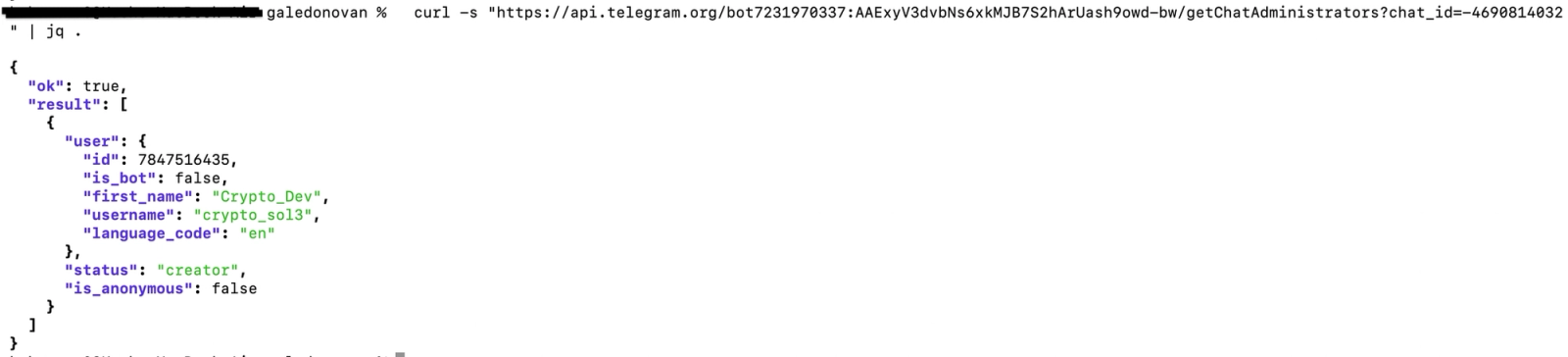 Telegram Bot API getChatAdministrators response queried using the bot token hardcoded in the malware (Source : Socket). 