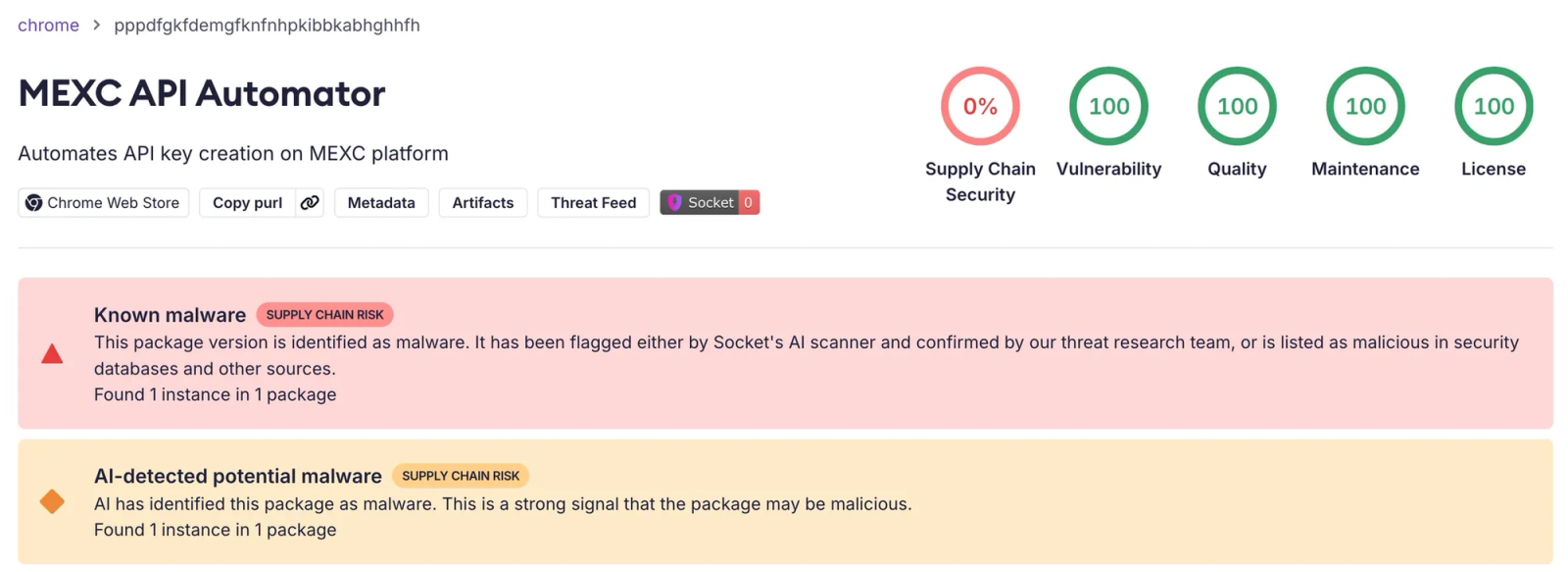 Socket AI Scanner'ın kötü amaçlı MEXC API Automator Chrome uzantısına ilişkin analizi, onu kötü amaçlı yazılım olarak işaretliyor.