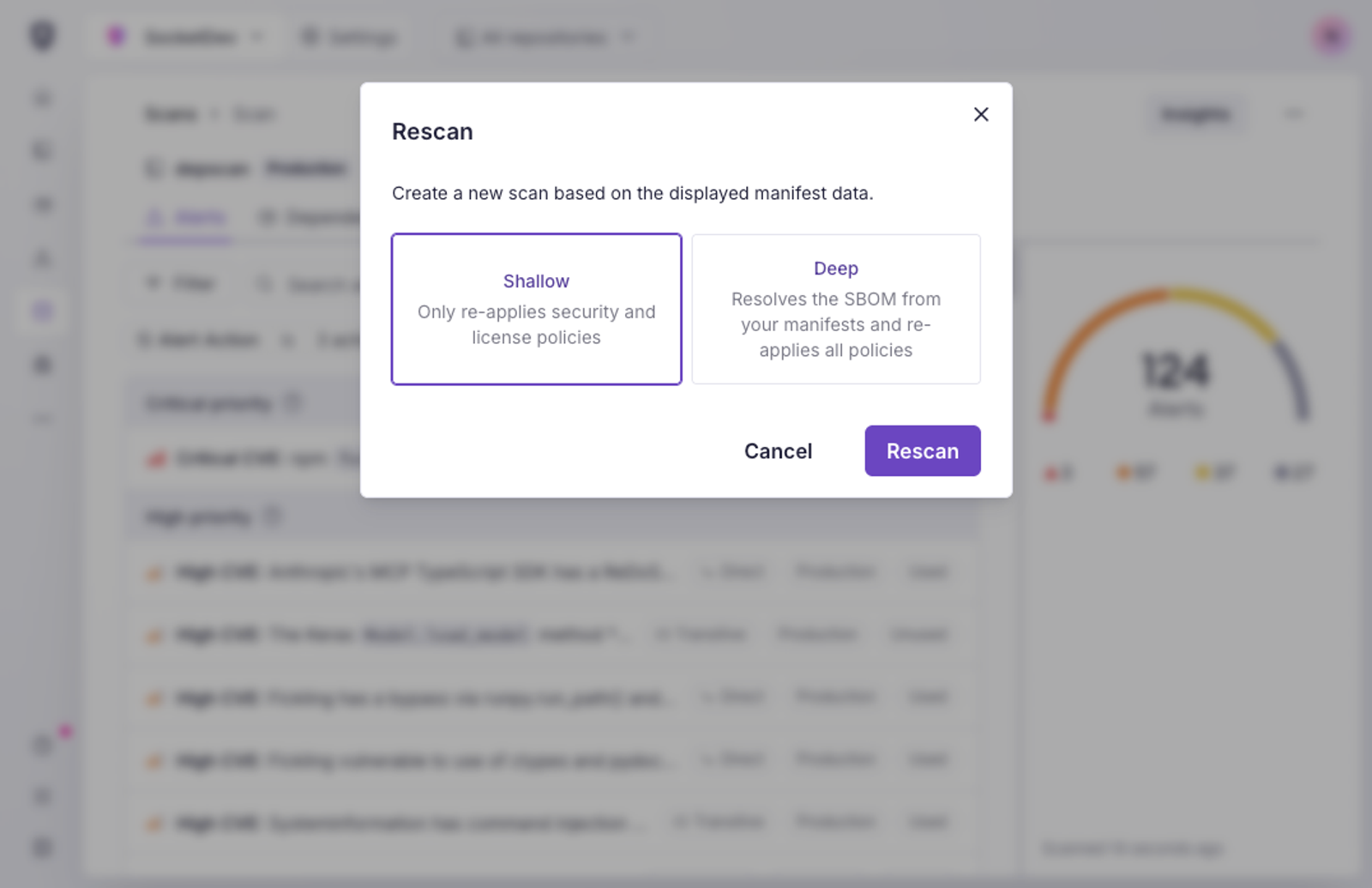 Screenshot showing a modal dialog offering a "rescan" that is either "shallow" or "deep" with some explanation text for each