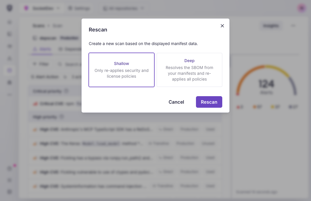 Screenshot showing a modal dialog offering a "rescan" that is either "shallow" or "deep" with some explanation text for each