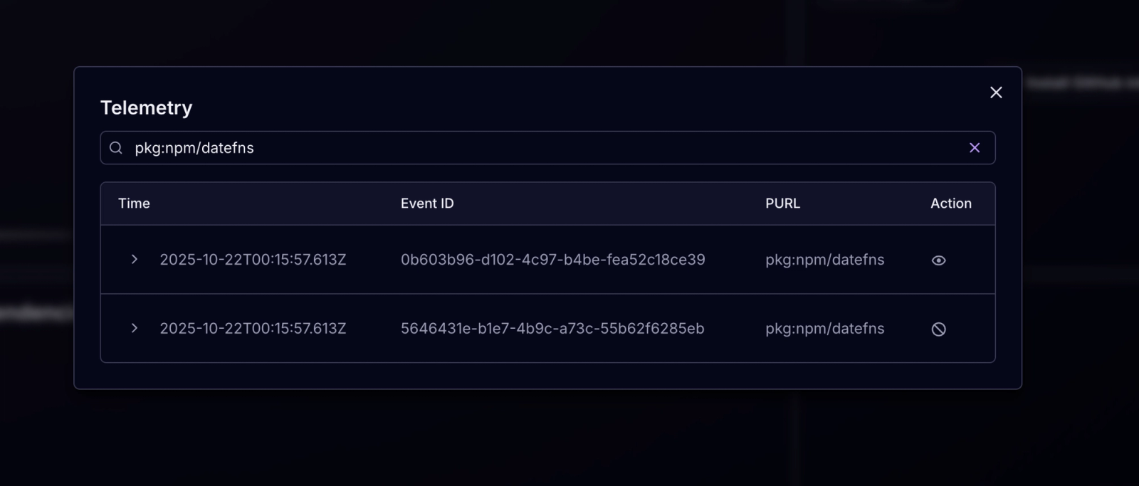 Telemetry search in Socket Dashboard showing results for datefns with actions based upon security policy
