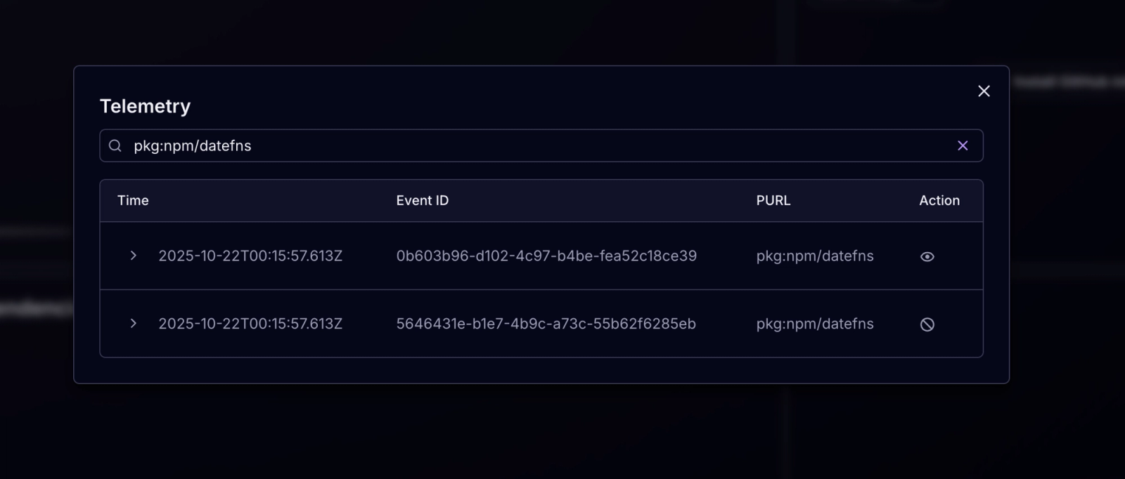 Telemetry search in Socket Dashboard showing results for datefns with actions based upon security policy