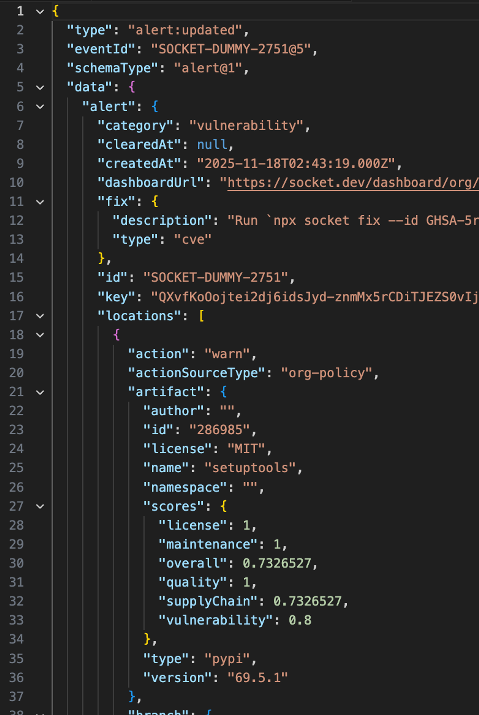 Sample alert change webhook event payload