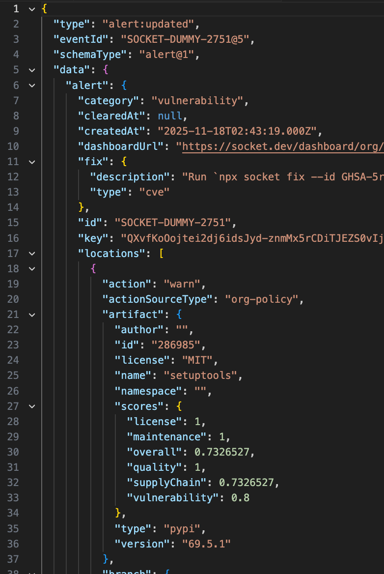 Sample alert change webhook event payload