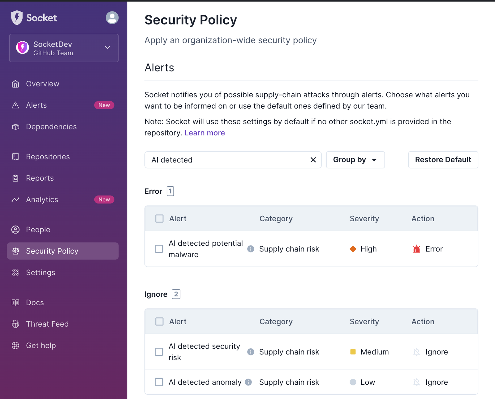 Enhanced Security Scanning with Improved AI Alert Defaults - Socket