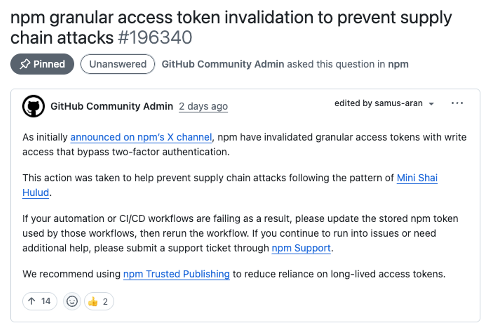 npm Invalidates Granular Access Tokens as Mini Shai-Hulud Sweeps the Registry