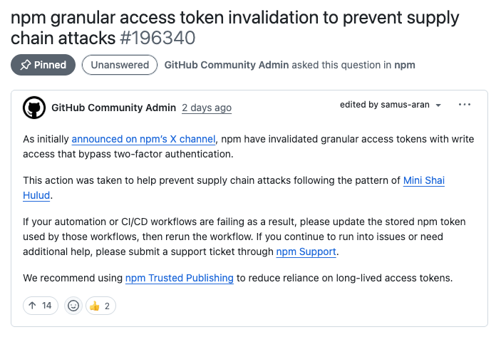 npm granular access token invalidation to prevent supply chain (Source : Socket).