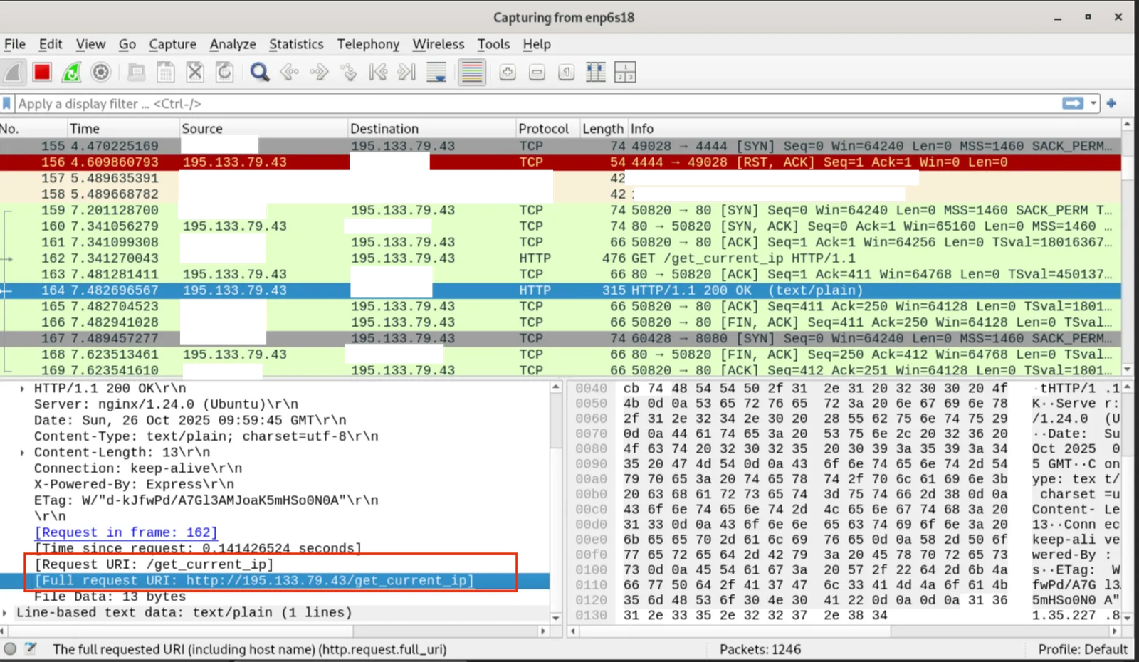 Wireshark capture showing HTTP GET request to 195[.]133[.]79[.]43/get_current_ip.