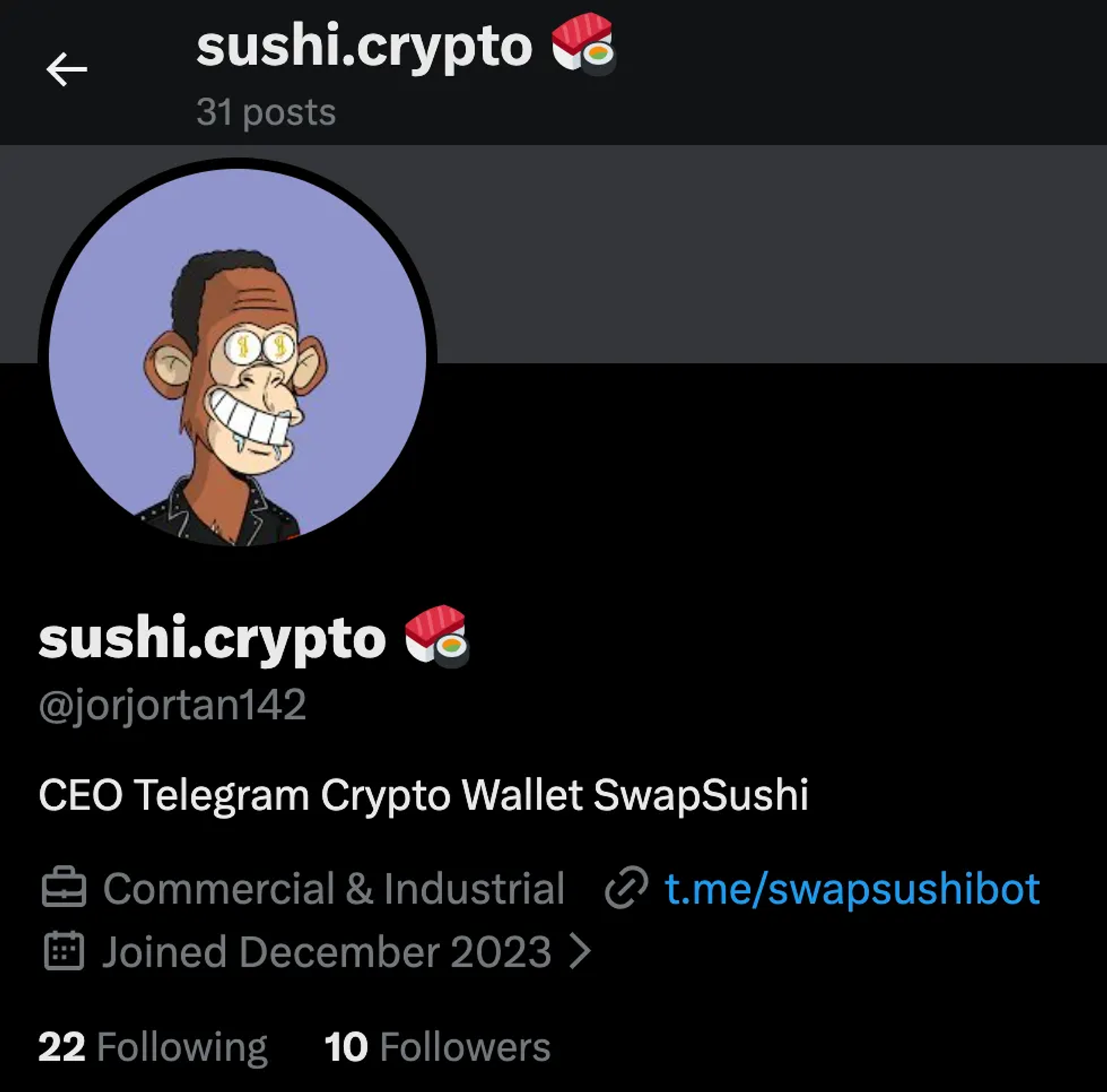 Sushi.crypto için X profili (@jorjortan142), kendisini SwapSushi olarak markalayan ve kullanıcıları Telegram botuna yönlendiren Aralık 2023 hesabı[.]ben/swapsushibot.