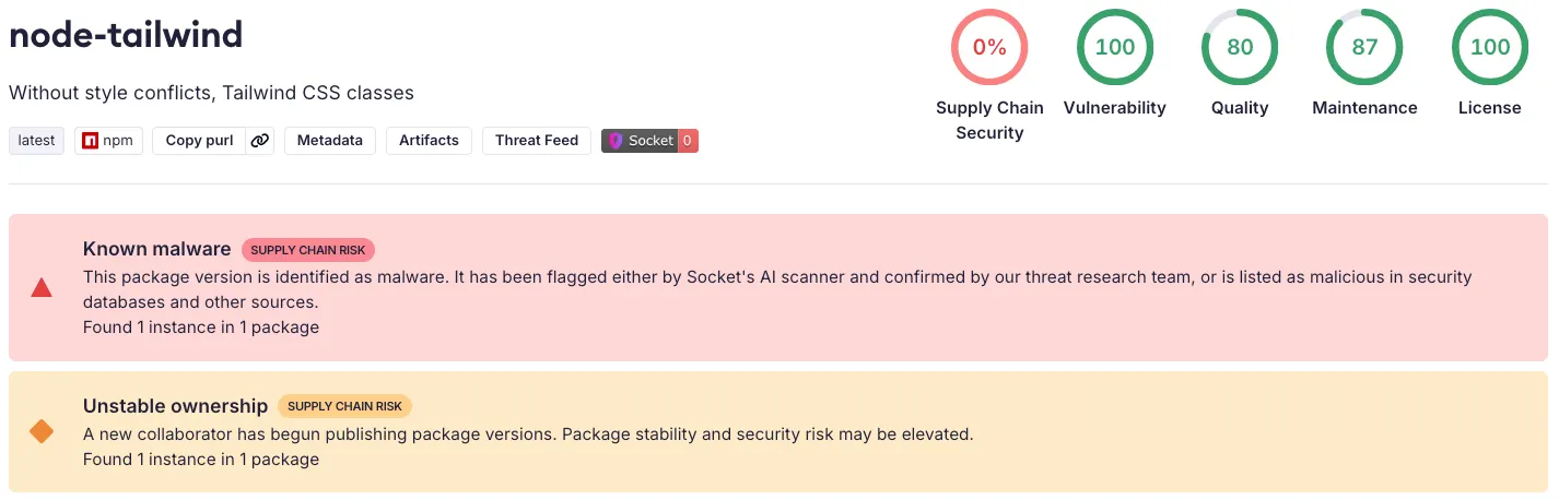 Socket AI Scanner’s analysis of the malicious node-tailwind package highlights its supply-chain risk.