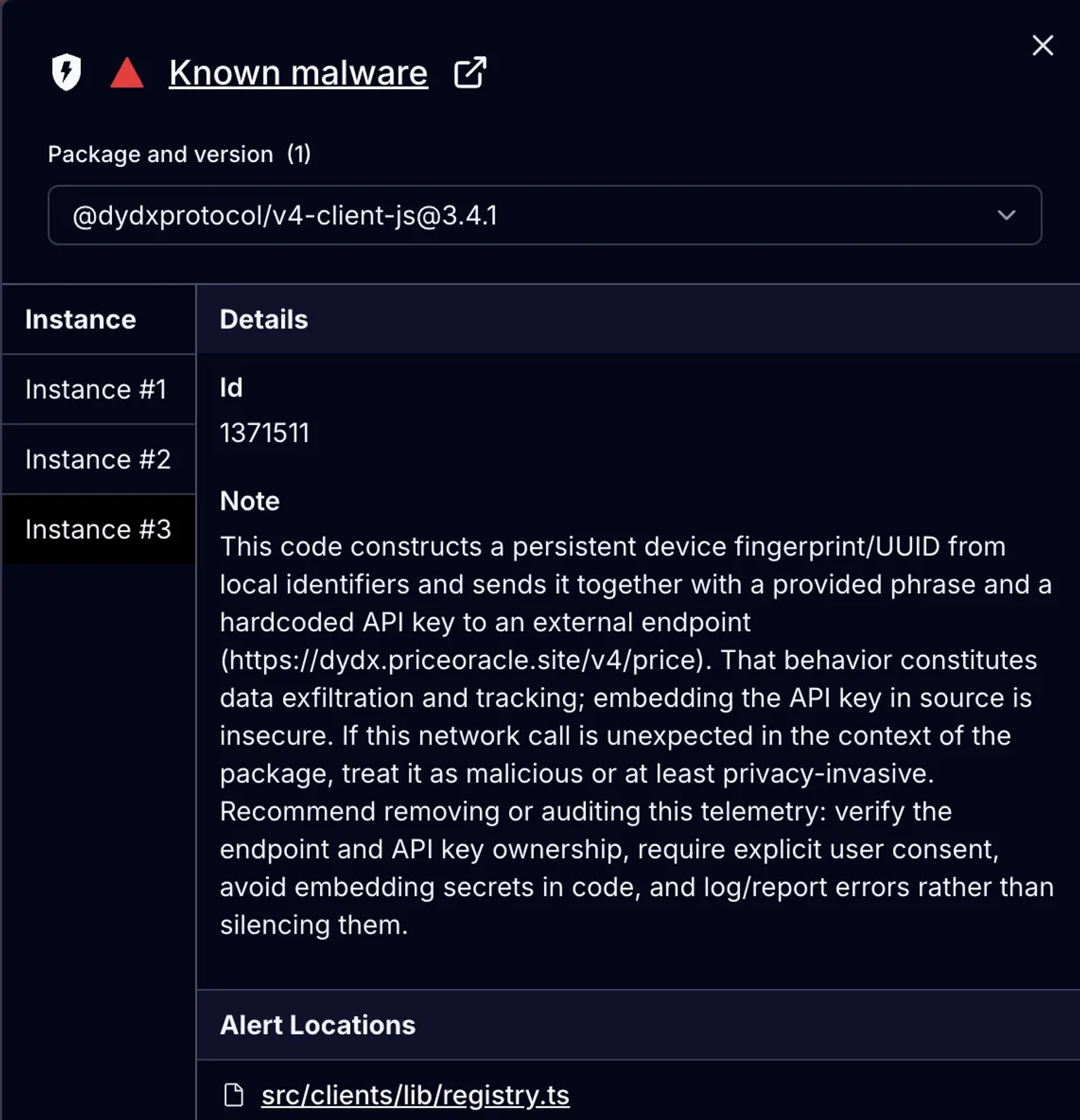 Socket AI Scanner flagging malicious dYdX package