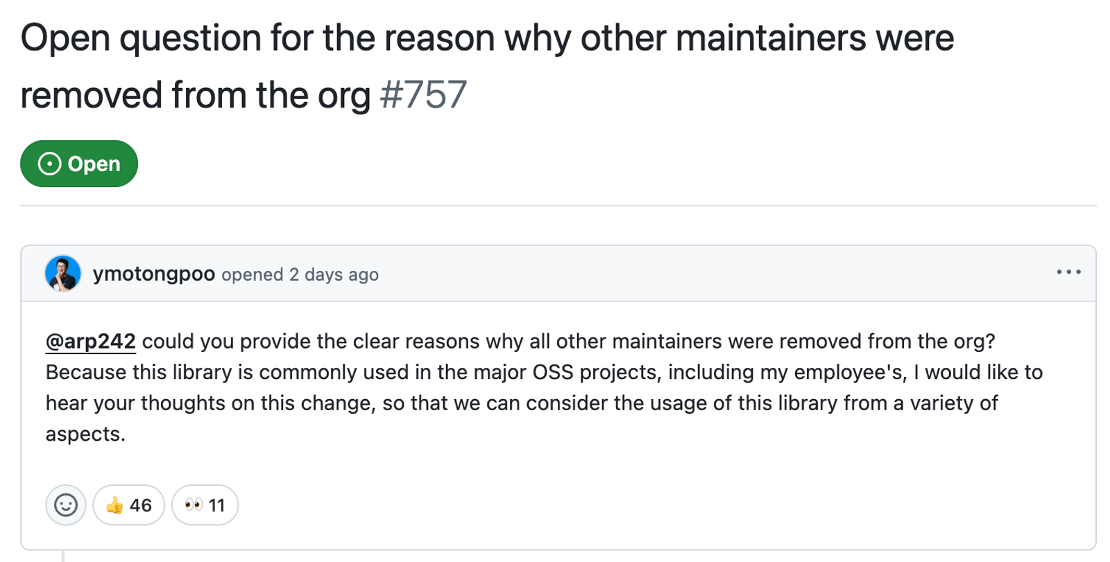 
Reasons why other maintainers were removed from the org #757 (Source : Socket).