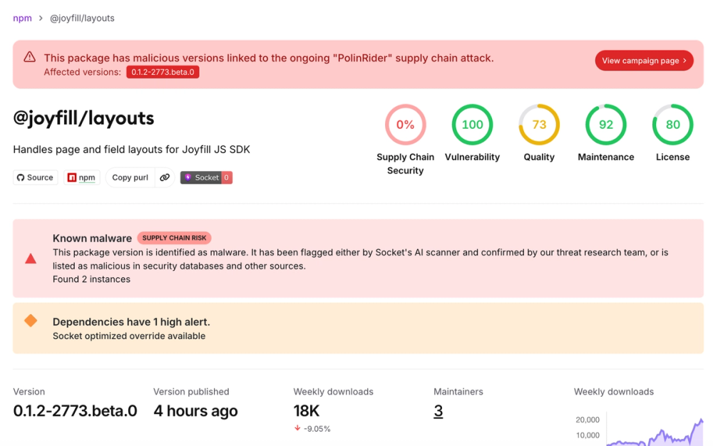 Two Joyfill npm Beta Releases Compromised With Blockchain-Backed Remote Access Trojan Loader
