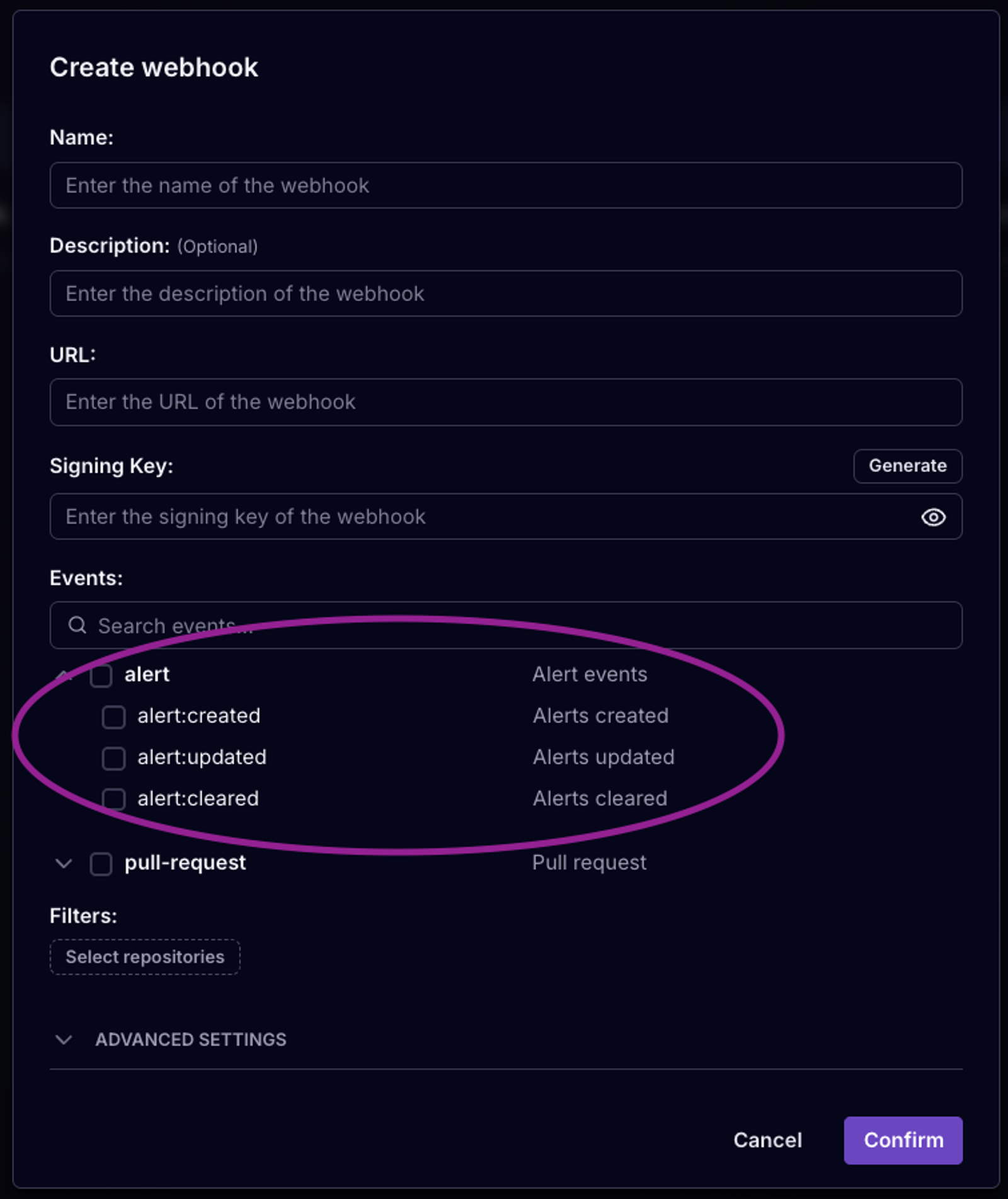 Create webhook with support for alert events