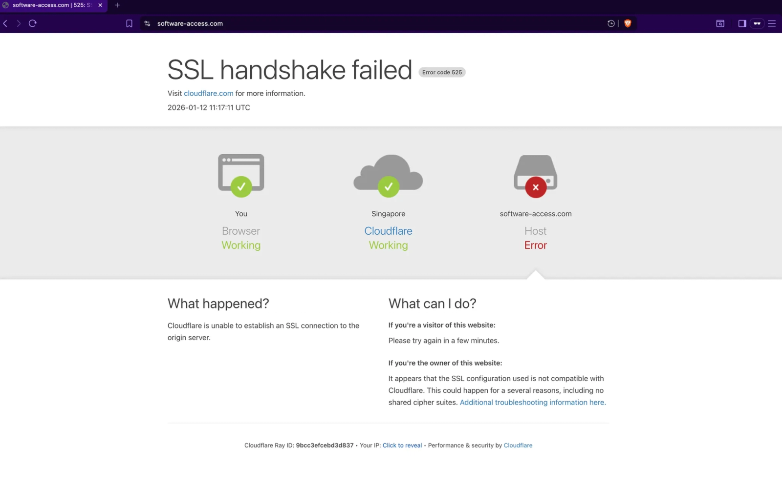 The software-access[.]com domain returns an SSL handshake error, indicating no functional web service is hosted at the domain.