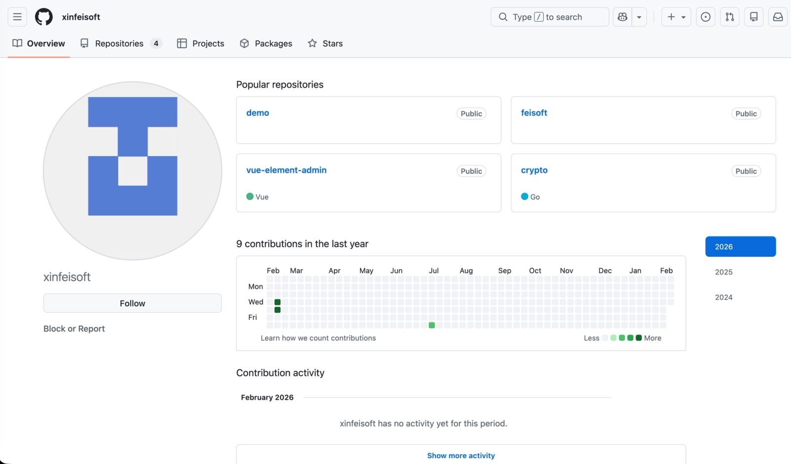 GitHub profile view of the xinfeisoft account highlights the small set of public repositories used in the campaign (Source : Socket).