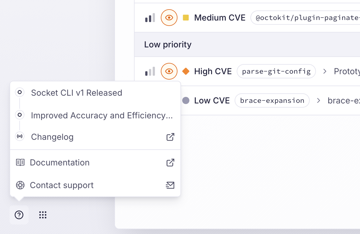 Screenshot of the bottom-left corner of the Socket dashboard, showing a popover with documentation links and changelog items.