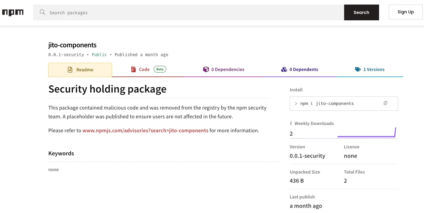 North Korean Hackers Target Developers with 338 Malicious Software Packages 3 The npm registry marks jito-components as a security holding package after detecting malicious code.