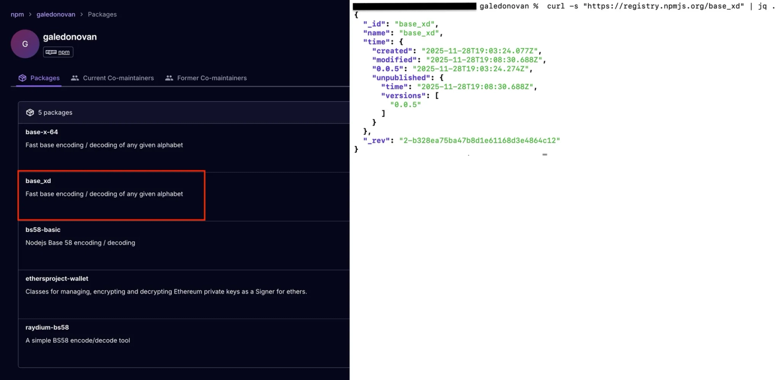Left: The galedonovan profile showing five published packages. Right: npm registry metadata for base_xd showing publication at 19:03:24Z and an unpublished record at 19:08:30Z - five minutes later (Source : Socket).