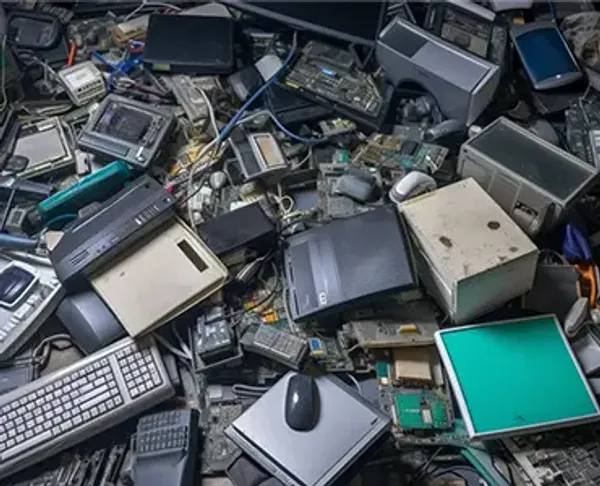 A pile of electronics including keyboards, mice, monitors and computer towers