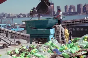 man with backhoe city skyline